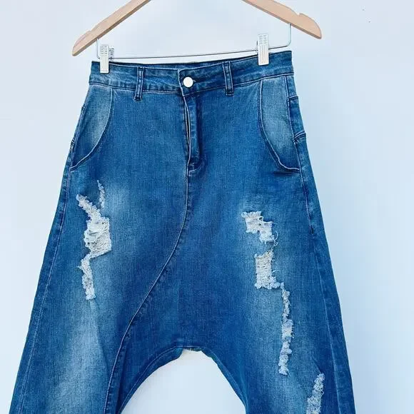 Mia Inspection Stretch Drop Crotch Harem Jeans Distressed 28 Medium Wash - Picture 4 of 9